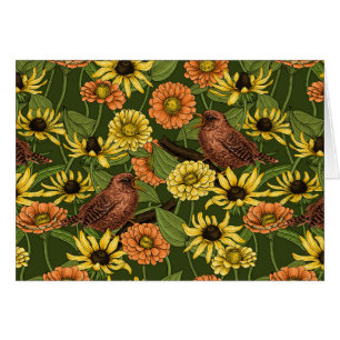 Wrens and flowers on green