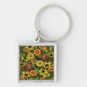 Wrens and flowers on green key ring
