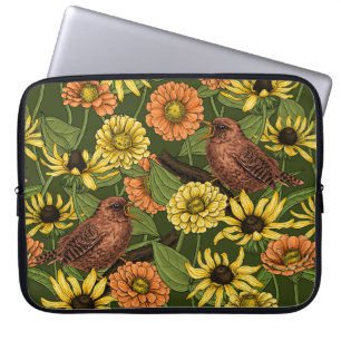 Wrens and flowers on green laptop sleeve