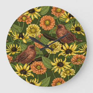 Wrens and flowers on green large clock