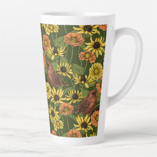 Wrens and flowers on green latte mug