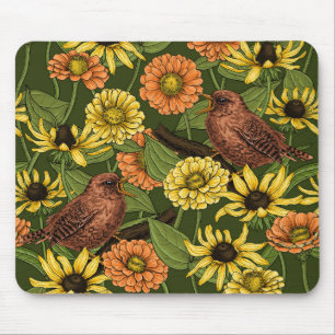 Wrens and flowers on green mouse mat