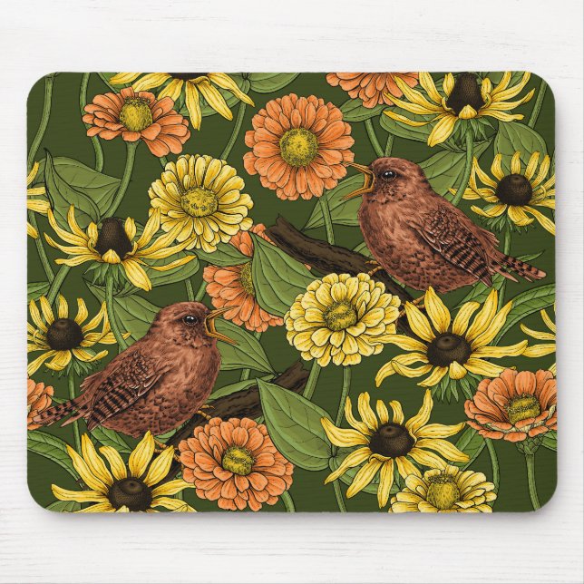 Wrens and flowers on green mouse mat (Front)