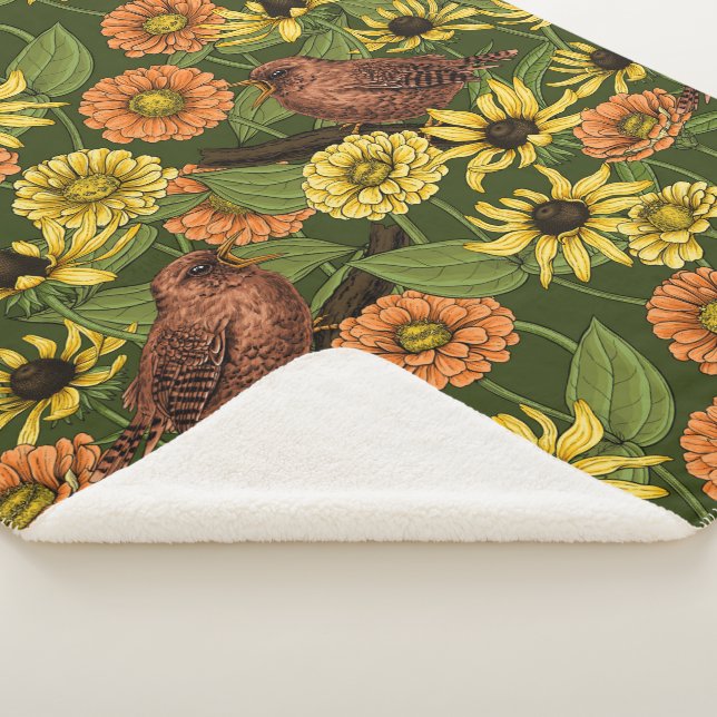 Wrens and flowers on green sherpa blanket (3/4)