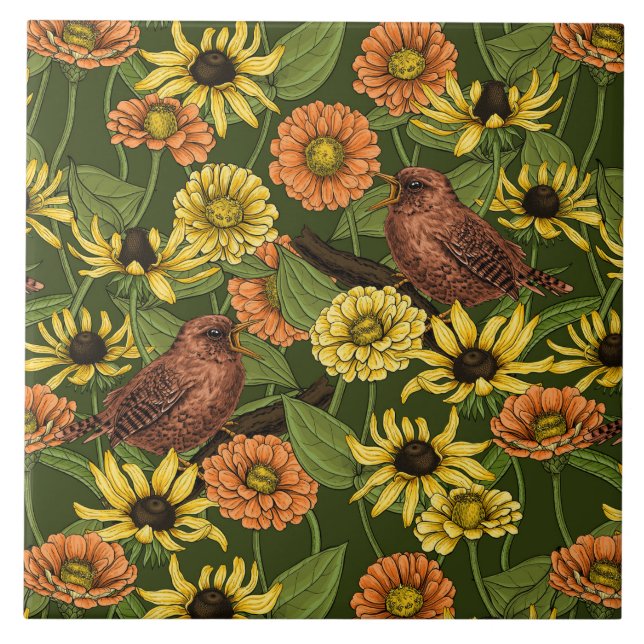 Wrens and flowers on green tile (Front)