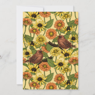 Wrens and flowers on pale yellow