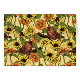 Wrens and flowers on pale yellow