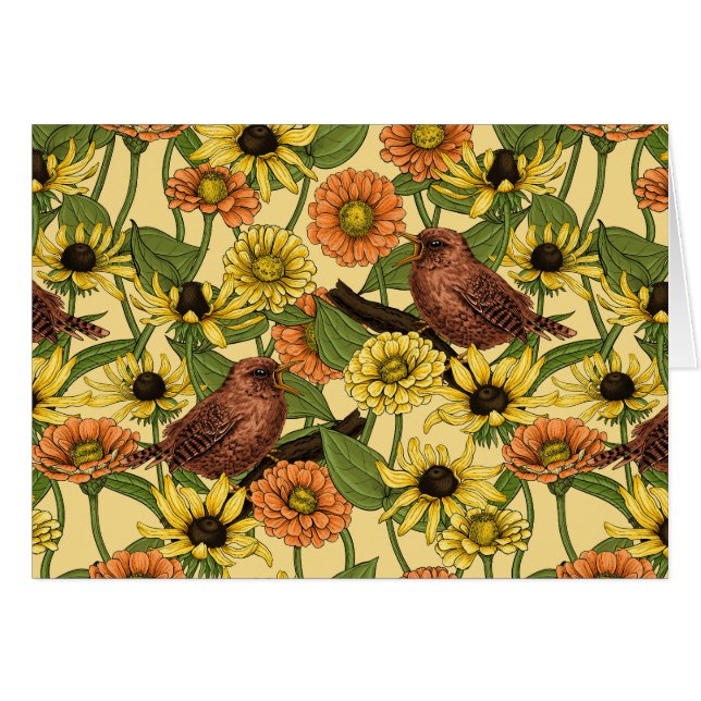 Wrens and flowers on pale yellow (Front Horizontal)
