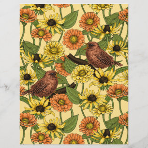 Wrens and flowers on pale yellow