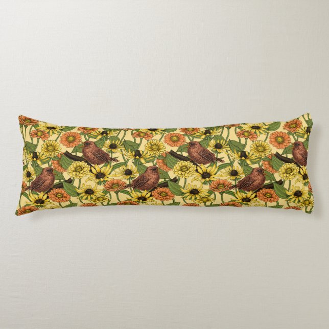 Wrens and flowers on pale yellow body cushion (Front)