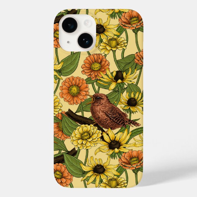 Wrens and flowers on pale yellow Case-Mate iPhone case (Back)