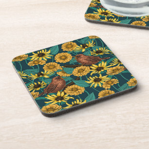 Wrens and flowers on pale yellow coaster