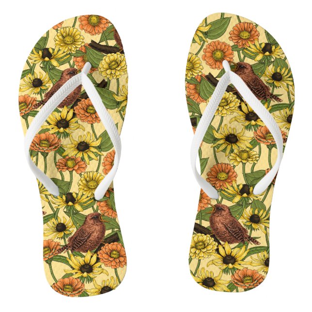 Wrens and flowers on pale yellow flip flops (Footbed)