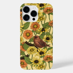 Wrens and flowers on pale yellow iPhone 14 pro max case