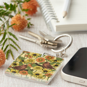 Wrens and flowers on pale yellow key ring