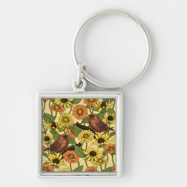 Wrens and flowers on pale yellow key ring (Front)