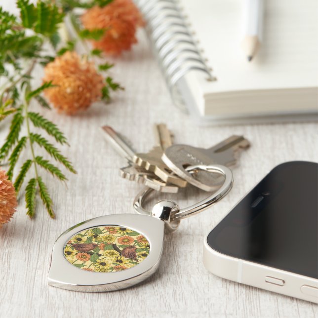 Wrens and flowers on pale yellow key ring (Side)