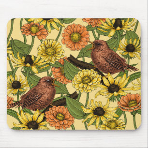 Wrens and flowers on pale yellow mouse mat