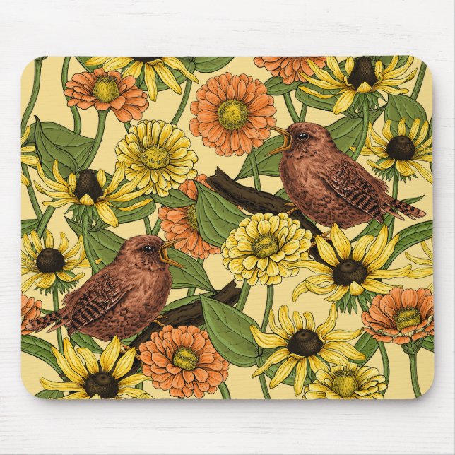 Wrens and flowers on pale yellow mouse mat (Front)