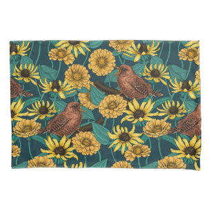 Wrens and flowers on pale yellow pillowcase
