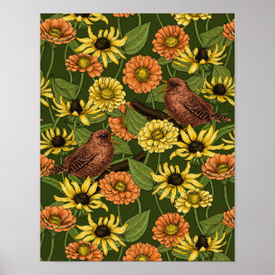 Wrens and flowers on pale yellow poster
