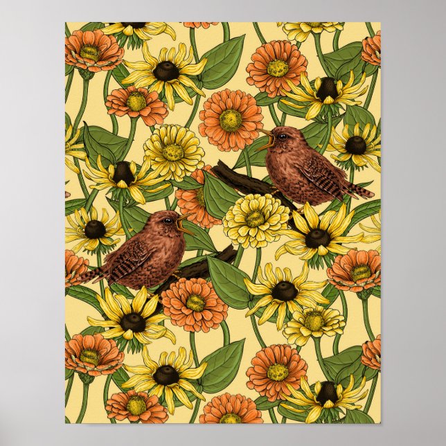 Wrens and flowers on pale yellow poster (Front)