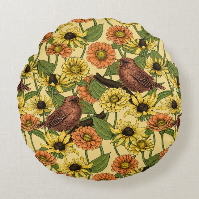 Wrens and flowers on pale yellow round cushion (Front)
