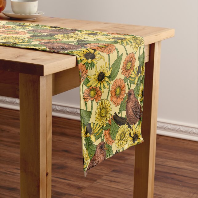 Wrens and flowers on pale yellow short table runner (In Situ)