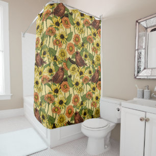 Wrens and flowers on pale yellow shower curtain