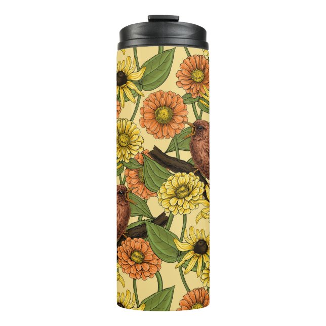 Wrens and flowers on pale yellow thermal tumbler (Front)