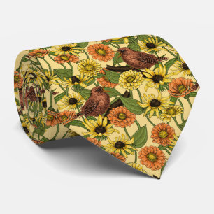 Wrens and flowers on pale yellow tie