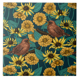 Wrens and flowers on pale yellow tile