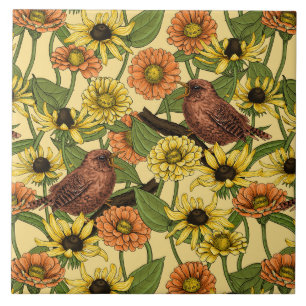 Wrens and flowers on pale yellow tile