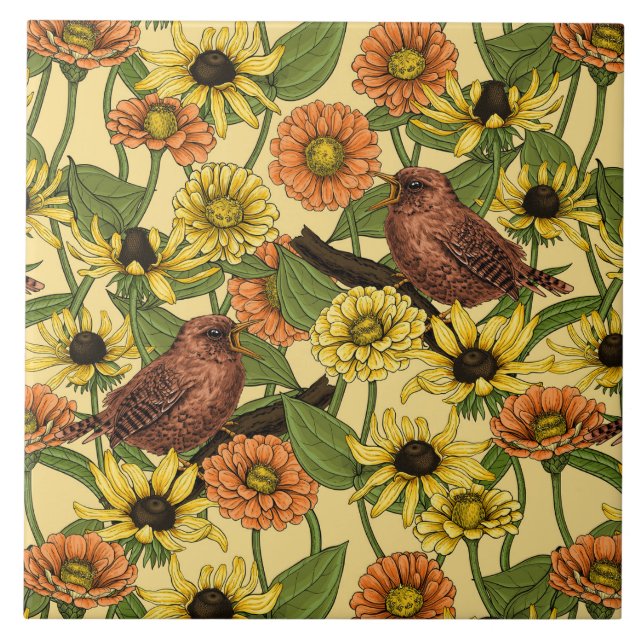 Wrens and flowers on pale yellow tile (Front)