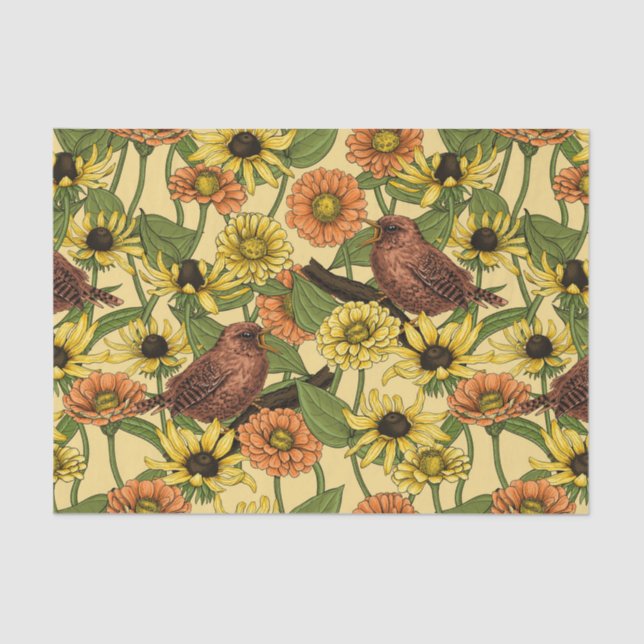 Wrens and flowers on pale yellow tissue paper (Front)