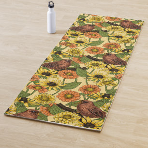 Wrens and flowers on pale yellow yoga mat