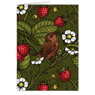 Wrens and strawberries on dark green