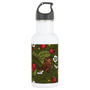 Wrens and strawberries on dark green 532 ml water bottle