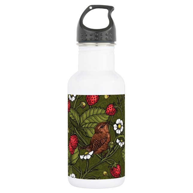 Wrens and strawberries on dark green 532 ml water bottle (Front)
