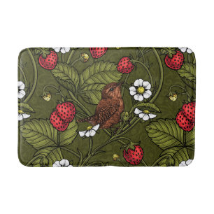 Wrens and strawberries on dark green bath mat