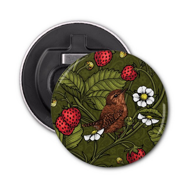 Wrens and strawberries on dark green bottle opener (Front)