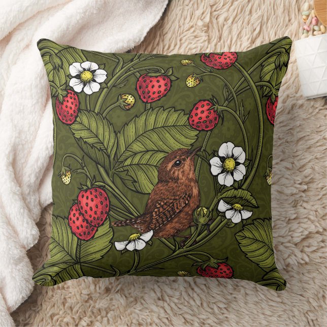 Wrens and strawberries on dark green cushion (Blanket)