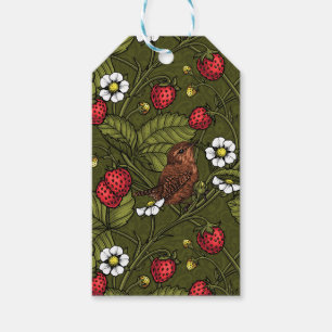 Wrens and strawberries on dark green gift tags