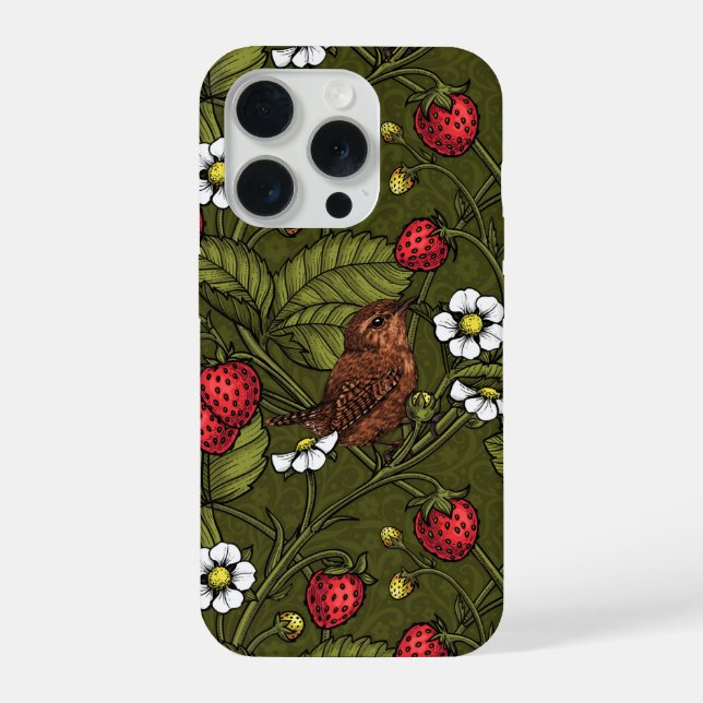 Wrens and strawberries on dark green iPhone case (Back)