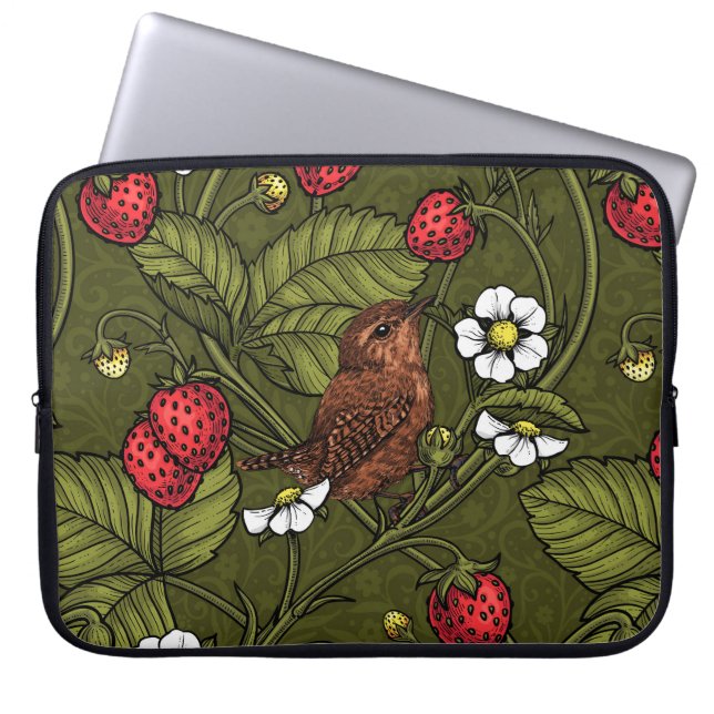 Wrens and strawberries on dark green laptop sleeve (Front)