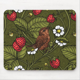 Wrens and strawberries on dark green mouse mat
