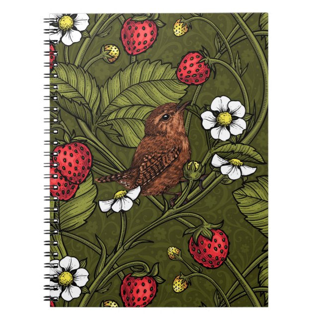 Wrens and strawberries on dark green notebook (Front)