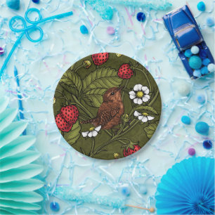 Wrens and strawberries on dark green paper plate