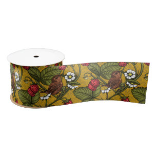 Wrens and strawberries on dark green satin ribbon