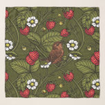 Wrens and strawberries on dark green scarf<br><div class="desc">Hand-painted pattern design with strawberries and wrens</div>